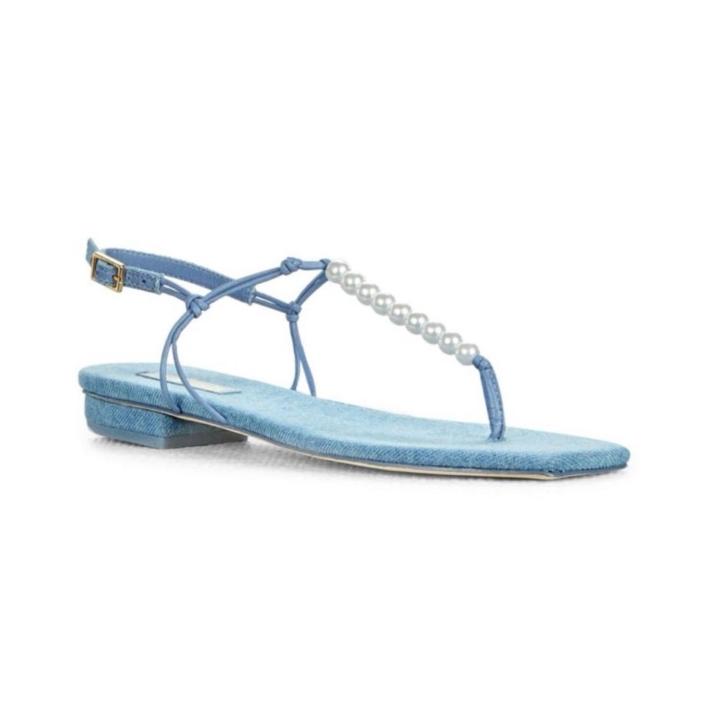 Cult Gaia Ari Faux pearl, embellished, denim, thong sandals
